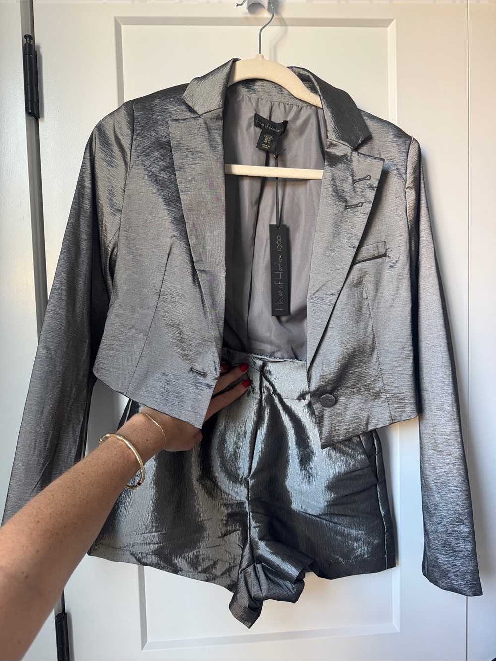 House of Harlow 1960 Metallic Silver Cropped Blazer Set